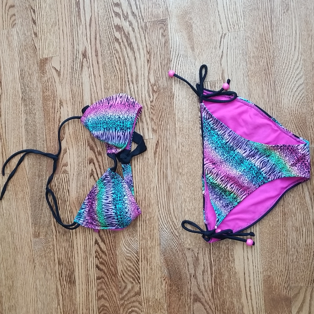 (L) OP Multicolored Animal Print Bikini Swimsuit Set Rainbow Zebra Leopard Beach